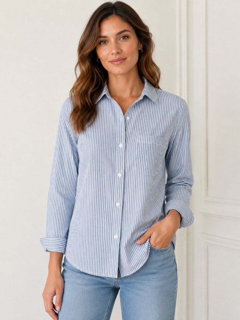 Sunday Best by Aritzia Light Blue & White Striped Button-Down Shirt Size S